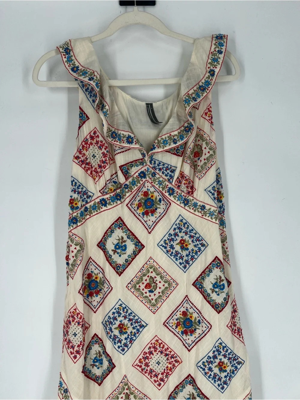 Anthropologie Cream Embroidered Floral Berry Tile-Print Hi-Low V Neck Midi Dress - Picture 3 of 9
